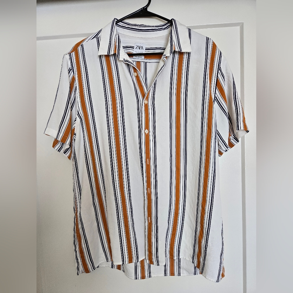 Zara Casual Button Down Shirt White and Brown Size L
